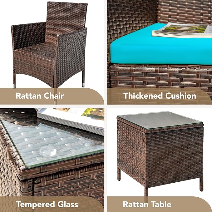 Devoko Patio Porch Furniture Sets 3 Pieces PE Rattan Wicker Chairs with Table Outdoor Garden Furniture Sets (Brown/Blue)