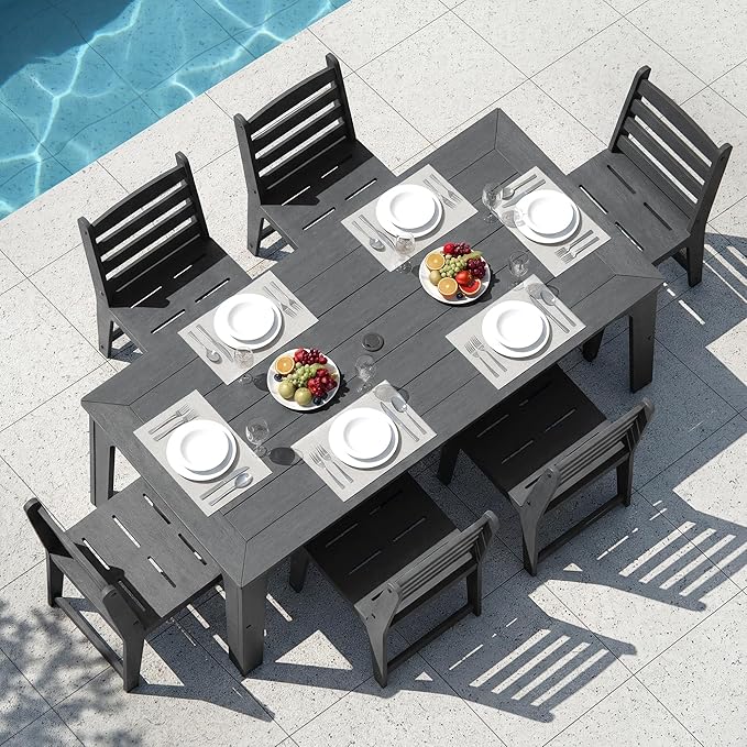 HDPE Patio Dining Set for 6, Weather-Resistant Outdoor Table with Umbrella Hole, Never Sagging One-Piece Tabletop with Metal Support Bars for Poolside Backyard Garden (Black)