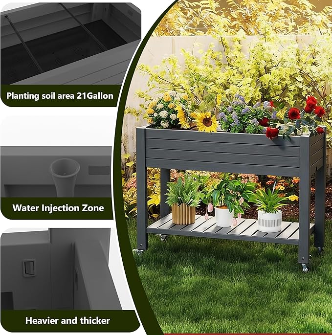 Elevated Raised Garden Bed with Legs, 33.66" Tall Self-Watering Resin Outdoor Planter Box with Storage Shelf, Drain Plug Water & Monitor for Plants Vegetables Flowers Fruits (Black)