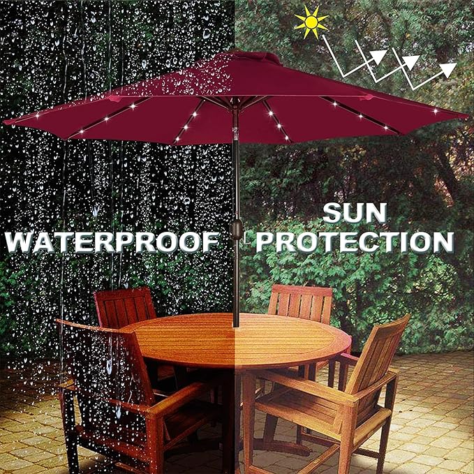 Blissun 9 ft Solar Umbrella, 32 LED Lighted Patio Umbrella, Table Market Umbrella, Outdoor Umbrella for Garden, Deck, Backyard, Pool and Beach (Burgundy)