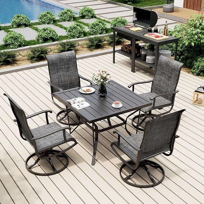 Pamapic 5-Piece Outdoor Dining Set, Patio Dining Set for 4, Outdoor Table and Chairs, All-Weather Outdoor Patio Set with Textilene Swivel Chairs for Garden, Poolside, Deck，Gray