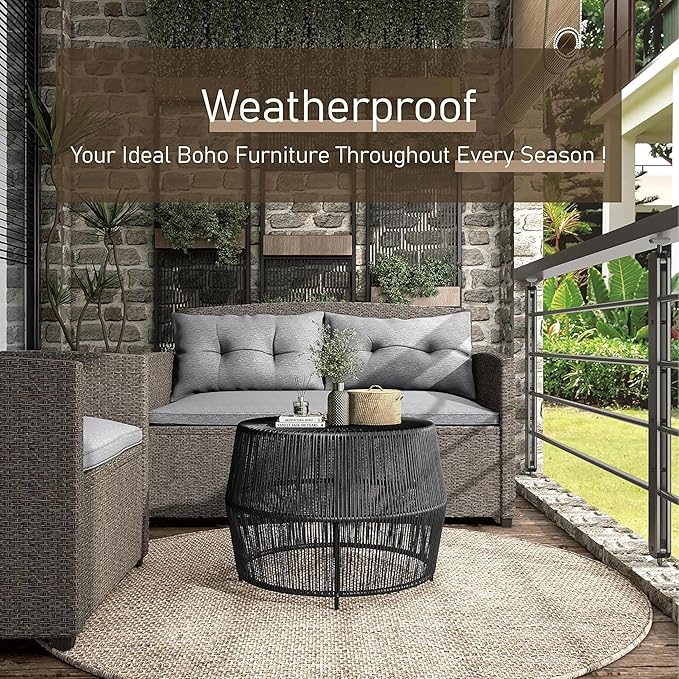 Furniture of America Ysar Boho Rattan Round Coffee Table Outdoor with Metal Frame, All-Weather and Rust Resistant, Handcrafted Coastal Furniture for Patio, Poolside, Garden, Yard, Black