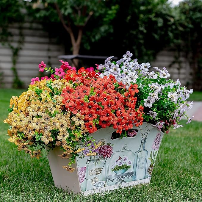 Artificial Flowers for Outdoors Fake Plants - 16 Bundles Faux Outside Greenery Boxwood UV Resistant No Fade Plastic Shrubs Fall Decor Farmhouse Home Garden Mums (White)