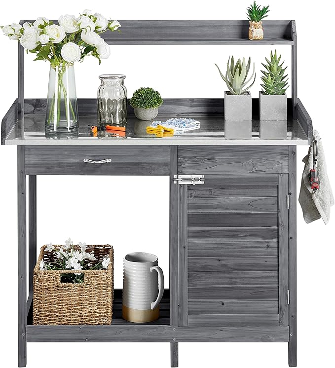 Yaheetech Outdoor Potting Bench Table, Garden Workstation w/Metal Tabletop/Cabinet Drawer/Open Top/Lower Shelf/Handy Hooks for Horticulture,Gray