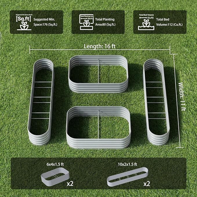 4-Pack 18” Tall Galvanized Raised Garden Beds – Small Space Garden Layout, Fits 170 Sq Ft Yard or Patio, 10x2x1.5 & 6x4x1.5 ft Metal Planter Box for Compact Outdoor Gardening - Moss Green