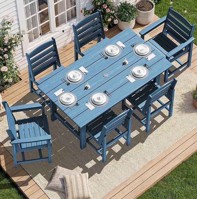 SERWALL Patio Dining Sets for 6 Person, HDPE Dining Set with 6 Armless Chairs, Blue