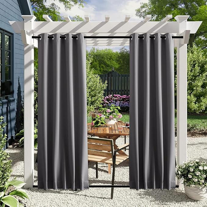 NICETOWN 2 Panels Outdoor Curtains Waterproof Grommet & Back Tab on Top & Bottom, Thermal Insulated Fixed Windproof Blackout Outdoor Drapes Privacy for Patio with Rope for Fixed, W46 x L90, Grey