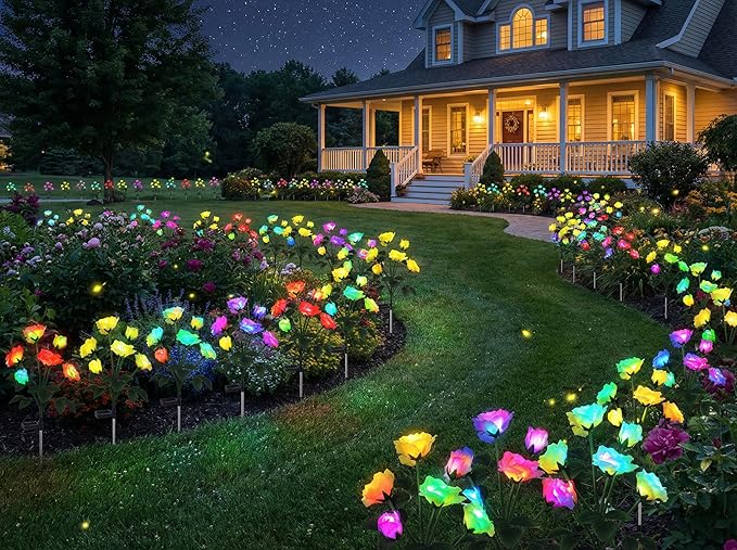 Solar Rose Lights Outdoor,2 Pack Waterproof Color Changing LED Flower Lights, with 12 LED Flowers, Solar Powered Garden Stakes for Yard, Patio, Artificial Floral Decorative Lighting, Yellow