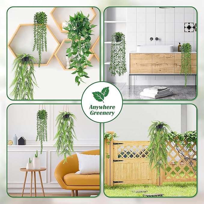 Der Rose 4Pcs Fake Plants Hanging Artificial Ivy Vine Faux Eucalyptus Hanging Plants, Boston Fern, String of Pearls for Living Room Bedroom Boho Wall Shelf Indoor Outdoor Decor