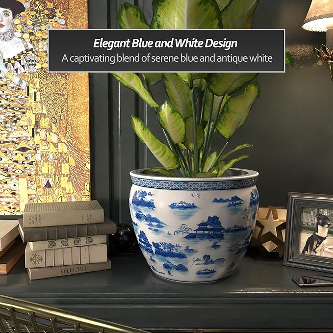 Red Lantern 16" Landscape Blue & White Porcelain Fishbowl Planter or Cachepot for Indoor/Outdoor Use in Garden Entryway Living Room Boho Eclectic Modern Contemporary Classic Traditional Style Decor