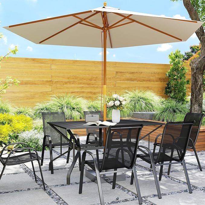 Outsunny Rectangle Outdoor Dining Table for 6 People, Steel Rectangular Patio Table with Umbrella Hole, Steel Frame for Garden, Balcony, Black