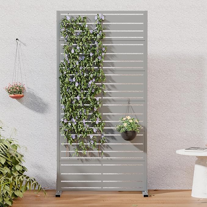 Casaphoria Metal Privacy Screen Outdoor, 72" H x 35" W Freestanding Decorative Privacy Screen for Patio Deck Balcony Garden with Stable Base, Grey-Benjamin