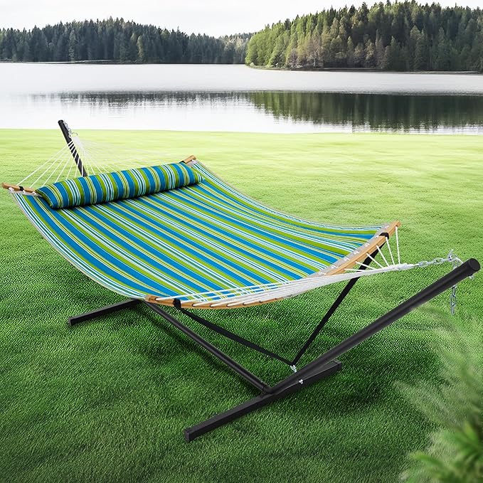 SUPERJARE Curved-Bar Hammock with Stand, 2 Person Heavy Duty Hammock Frame, Detachable Pillow & Portable Carrying Bag, Perfect for Outdoor & Indoor, Thin Blue and Green Stripes