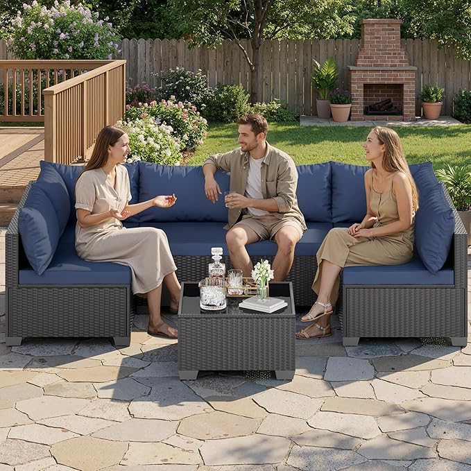 Skyfish 7 Pieces Patio Furniture Sofa - Outdoor Sectional Wicker Rattan Furniture with Cushion and Glass Table Patio Conversation Sets for Porch Poolside Backyard Outdoor Sofa Set Modular Sofa