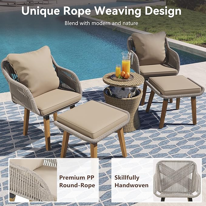 Merax 5 Pieces Patio Furniture Chair Sets, Patio Conversation Set with Wicker Cool Bar Table, Ottomans,Outdoor Furniture Bistro Sets for Porch,Backyard,Balcony,Poolside Brown