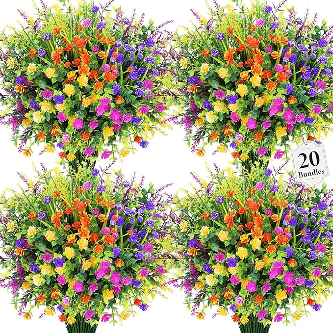 20 Bundles Artificial Flowers for Outdoors Fake Plastic Flowers UV Resistant Realistic Faux Plants Shrubs for Spring Summer Garden Porch Yard Patio Planter Window Box Home Decor, Mixedcolor