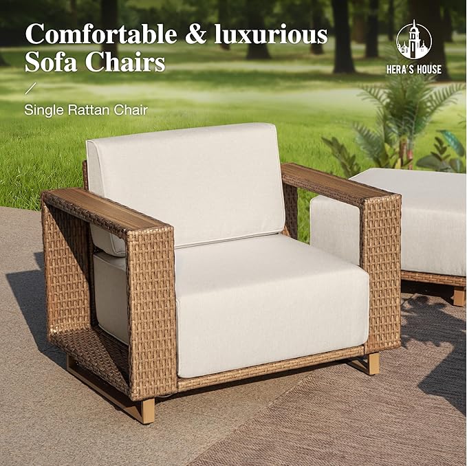 HERA'S HOUSE 4 Pieces Patio Furniture Set, 2 Outdoor Rattan Wicker Armchairs Set with 2 Ottomans, All Weather Patio Conversation Set with 5.3" Widened Armrest, 10" Ultra Thick Comfy Sponge Cushion