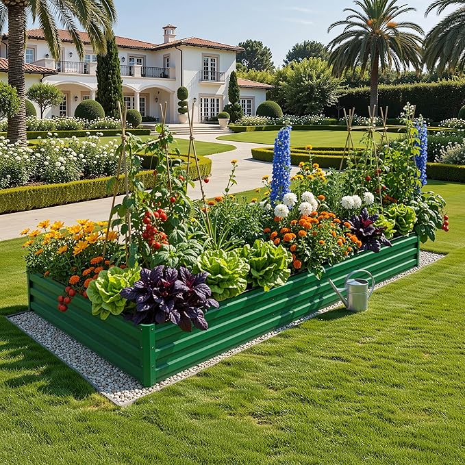 YITAHOME 8x4x1ft 2pcs Large Raised Garden Bed Kit, Galvanized Metal Planter Box with Gloves, Ground Nails & Safety Rubber, Outdoor Above Ground Planters for Plants Vegetables Flowers, Green