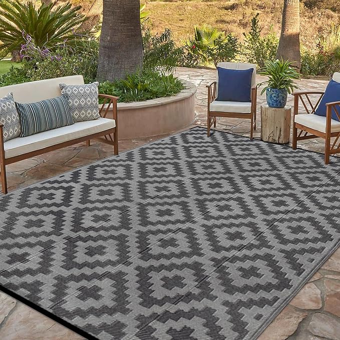 SAND MINE Waterproof Outdoor Rug 6x9 ft, Plastic Reversible Rug, Modern Area Rug, Large Floor Mat for Outdoors, RV, Patio, Backyard, Deck, Picnic, Beach, Camping, Black Grey Lattice