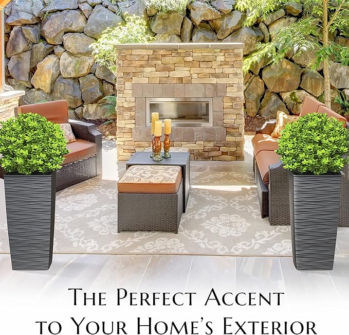 Mueller Janska M-Resin Heavy Duty Tall Planter, Indoor/Outdoor Grande Plant, Tree, Flower Pot, 2-Piece Set, 27.5”, Modern Design, Built-in Drainage, Dark Grey