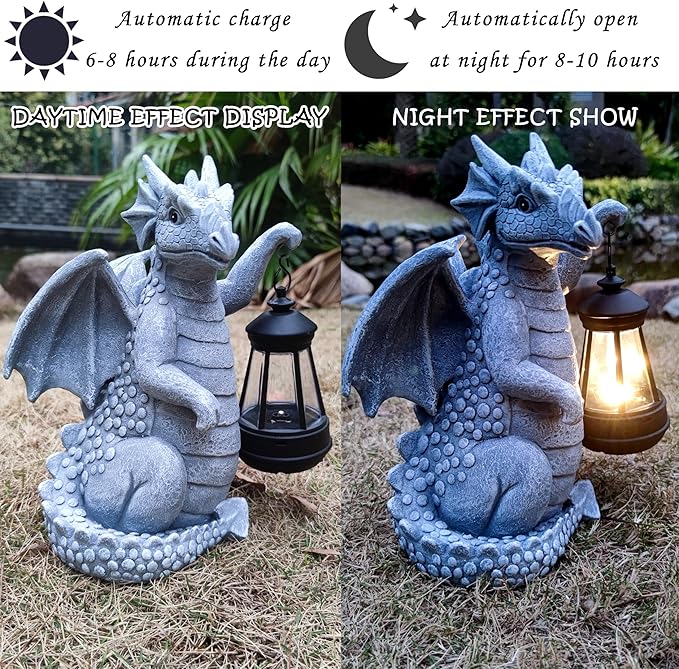 Solar Dragon Garden Statue Decoration with Solar Lantern,Dragon Figurine Lights Outdoor Décor for Yard，Lawn ,Patio, Balcony, Unique Housewarming Ornament