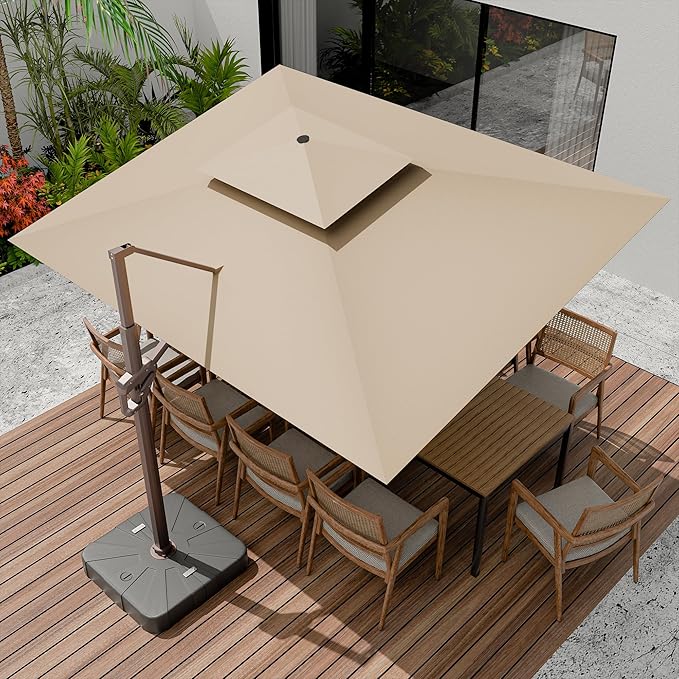 10 X 13 FT Cantilever Outdoor Patio Umbrella with Base Included Large Heavy Duty 360° Rotation Double Top Offset Rectangular Umbrellas with Led Lights for Backyard Outside Deck, Beige