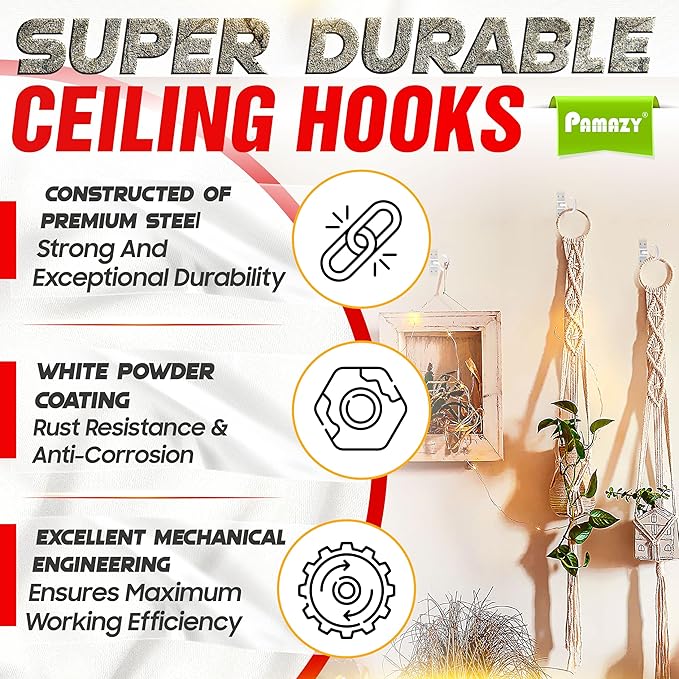 [UPGRADED] 2Pcs 200LBS Rotatable Ceiling Hooks with 4 Screw Points Base, Wall Mount Metal Hanger White Ceiling Hook for Hanging Plant, Bird Feeder, Lights, Bed Canopy, Wind Chime, Indoor Outdoor Decor