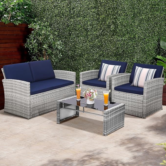 4-Piece Patio Furniture Set, Wicker Outdoor Rattan Sectional Sofa with Cushions and Glass Table, All-Weather Outdoor Conversation Set, Ideal for Garden, Porch, Backyard, Navy