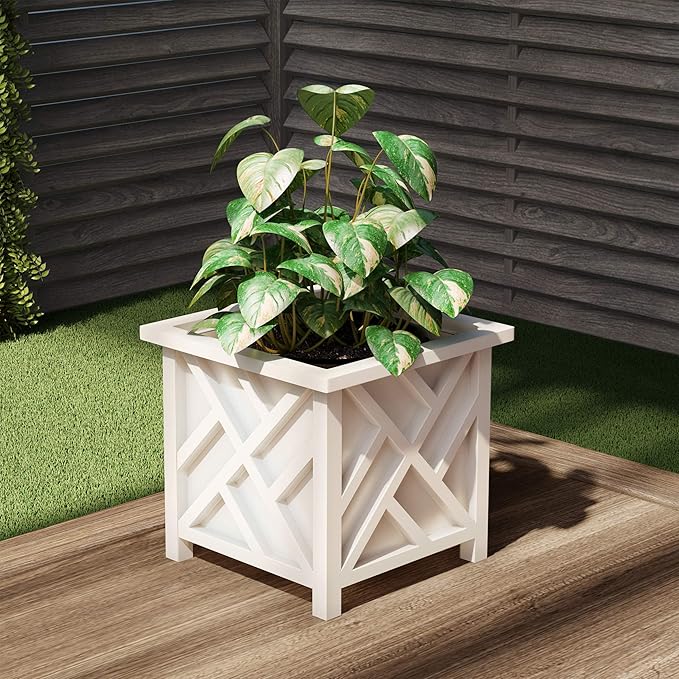 Lattice Design Outdoor Planter Box - 14.75” Square 13” Tall White Plant Pot - Decorative Plant Pots for Front Porch Decor - Flower Pots Outdoor Planters for Porch Patio or Garden Decor by Pure Garden