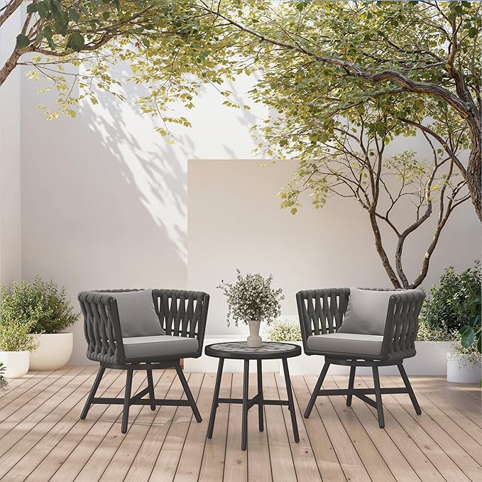 Grand patio Swivel Rope Wicker Chairs Set of 2, Patio Dining Chairs with Cushions, Wicker Armchairs Frame, Outdoor Modern Style for Backyard, Balcony, Quinn, Dark Grey