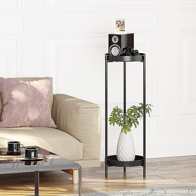 Metal Black Tall Plant Stand Indoor or Outdoor - 30 inch 2 Tier Modern Corner Planter Shelf Rack with 2 Removable Display Shelves(10 inch) for Bedroom Living Room Balcony