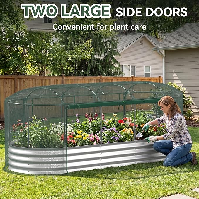 Raised Garden Bed with Sprinkler Timer and Self-Watering System, 8x3x1 ft Elevated Planter Boxes Outdoor with Mesh Cover, Oval Raised Beds for,Vegetables,Flowers, Backyard, Patio