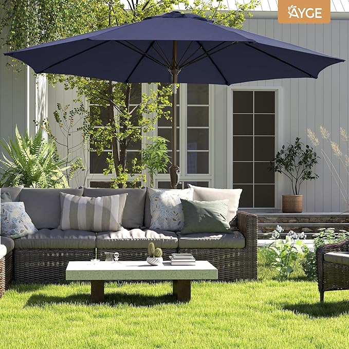 Ayge 9FT Large Outdoor Patio Umbrella Market Table Umbrella-UV Resistant, Easy Push Button Tilt and Crank, 8 Sturdy Fiberglass Ribs Heavy-Duty Pool Umbrella for Deck, Backyard,Garden,Navy