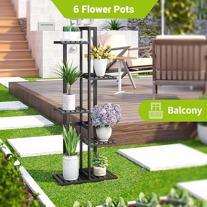 BMOSU Bamboo Plant Stand for Indoor Outdoor Plants Corner Tall Plant Shelf 6 Potted Holder Shelf Plant Rack Holder Display Rack(Black)