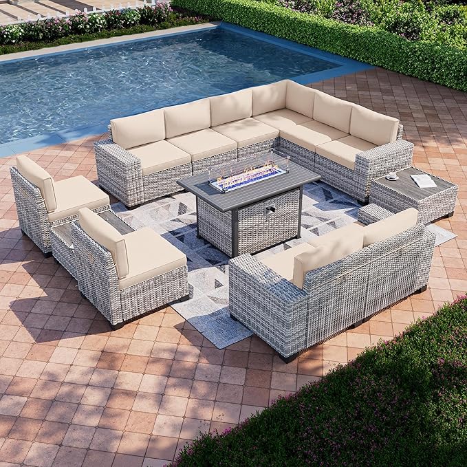 13-Piece Outdoor Patio Furniture Set with 55,000 BTU Fire Pit Table, PE Wicker Rattan Sectional Sofa Patio Conversation Set with Thickened Cushions & Coffee Table, Beige