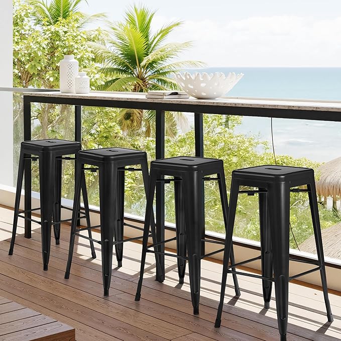 Yaheetech 30 Inch Metal Bar Stools Set of 4, Bar Height Backless Bartools, Industrial Stackable Bar Chairs with Footrest for Kitchen/Dining Room/Bistro/Patio, Black