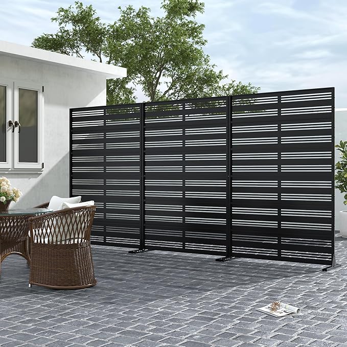 Casaphoria Metal Privacy Screen Outdoor, 72" H x 47" W Freestanding Decorative Privacy Screen for Patio Deck Balcony Garden with Stable Base, Black-Harold