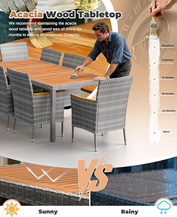 Flamaker 9 Piece Patio Dining Set Outdoor Acacia Wood Table and Chairs with Soft Cushions Wicker Patio Furniture for Deck, Backyard, Garden (Grey)