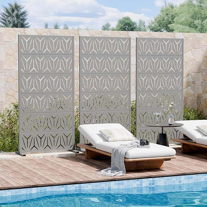 Casaphoria Metal Privacy Screen Outdoor, 72" H x 35" W Freestanding Decorative Privacy Screen for Patio Deck Balcony Garden with Stable Base, Grey-Star