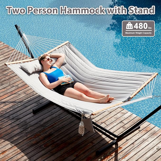Two Person Hammock with Stand for Outside Heavy Duty, Outdoor Patio Hammock with Portable Steel Stand, Large Double Hammocks,480lbs Capacity.(Middle Grey)