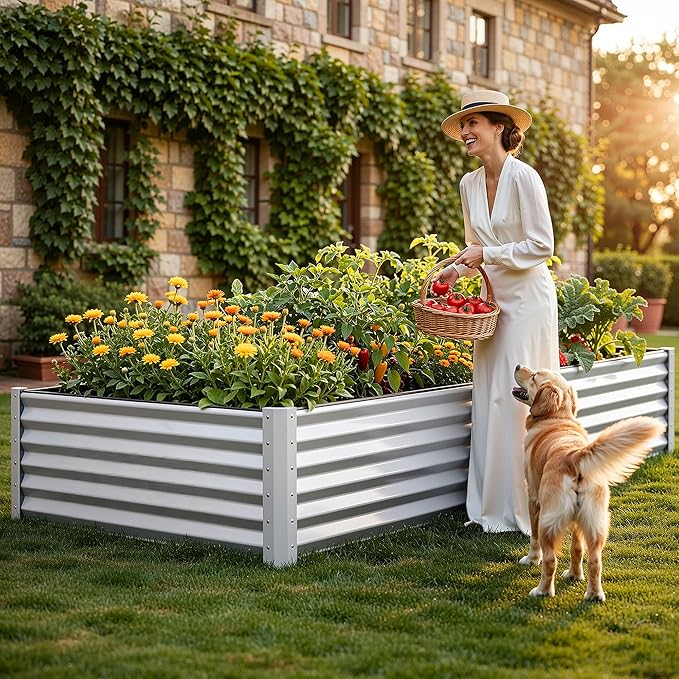 YITAHOME 8x4x1.5ft 2pcs Large Raised Garden Bed Kit, Galvanized Metal Planter Box with Gloves, Ground Nails & Safety Rubber, Outdoor Above Ground Planters for Plants Vegetables Flowers, Silver