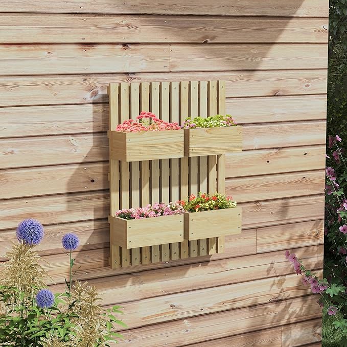 Outsunny 4 Box Raised Garden Bed with Trellis for Vine Flowers & Climbing Plants, 31.5" Tall Wall-Mounted Wood Planter Box Set with Adjustable Height, Drainage Hole, Natural