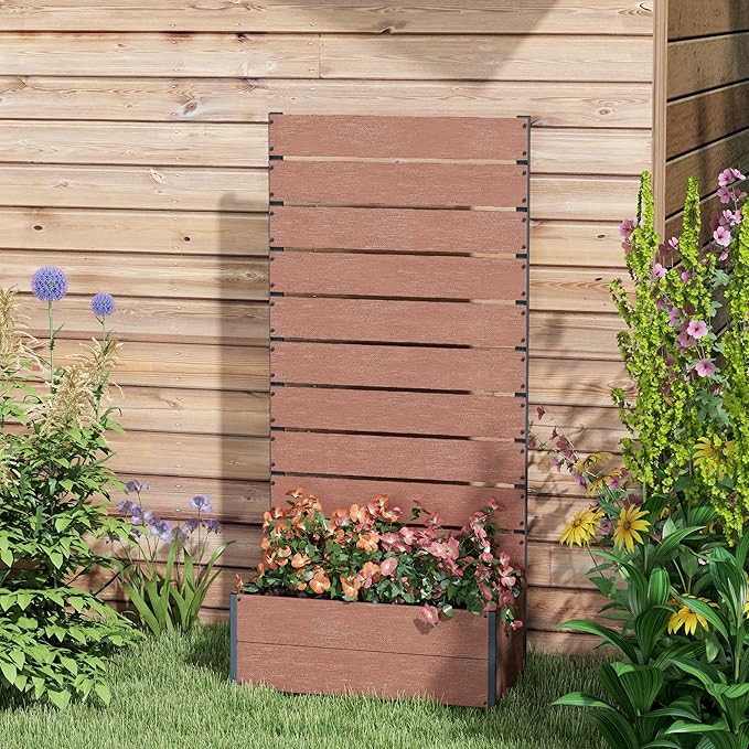 Outsunny Raised Garden Bed with Trellis for Climbing Plants, Planter Box with Self Draining Gap, Freestanding Trellis Planter for Outdoor, Patio, Deck, 28.25" x 15" x 59", Brown