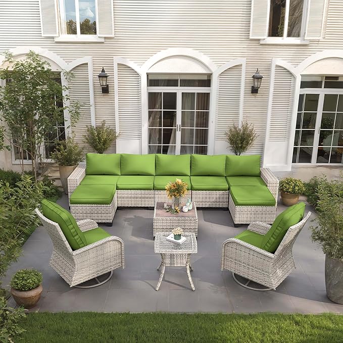 11-Piece Outdoor Patio Furniture Set with Rocking Swivel Chair Wicker Sectional Sofa Set, Patio Conversation Set with Ottomans & Coffee Table for Garden, Backyard, Avocado Green
