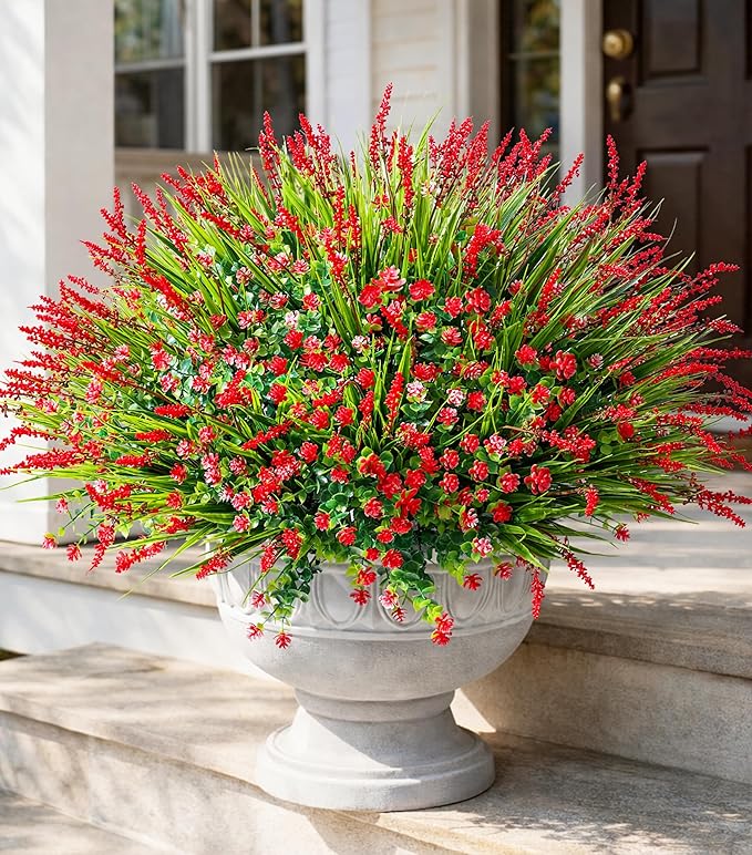 HyeFlora 20 Bundles Artificial Fake Outdoor Plants Flowers for Spring Decoration, UV Resistant Realistic Red Plastic Flowers Faux Plant Monkey Grass for Planter Home Garden Porch Patio Window Box