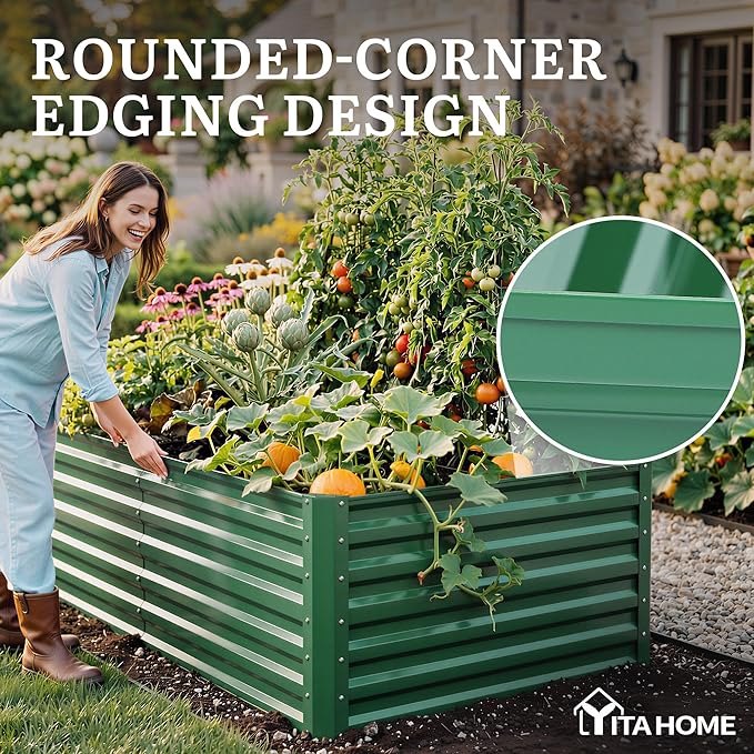 YITAHOME 4pcs 72x36x24 in Galvanized Raised Garden Bed Kit, Large Metal Planter Box with Gloves & Support Rod, Outdoor Flower Bed for Plants Vegetables, Green