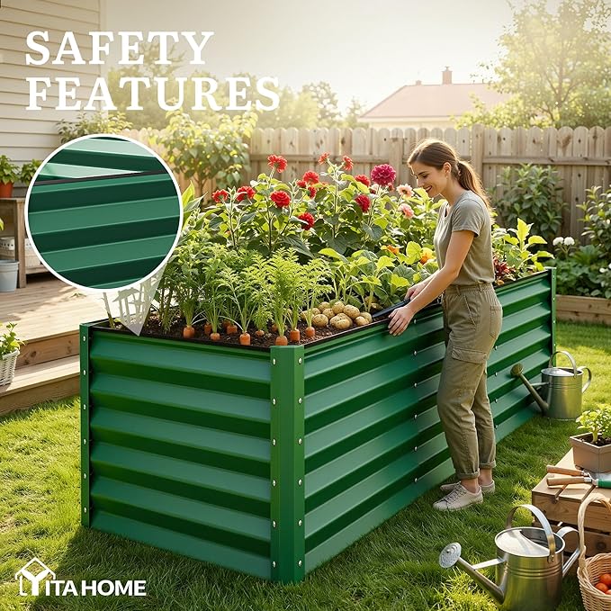 YITAHOME 8x4x3ft Large Raised Garden Bed Kit, Galvanized Metal Planter Box with Gloves, Support Rod & Safety Rubber, Outdoor Above Ground Planters for Plants Vegetables Flowers, Green