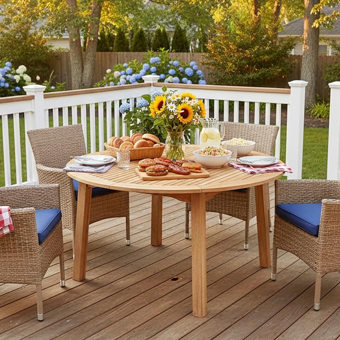 Tangkula 53" Round Outdoor Dining Table for 4-6 People, Acacia Wood Patio Table with Large Tabletop & 2" Umbrella Hole, Farmhouse Dining Furniture for Yard, Deck, Garden, Poolside