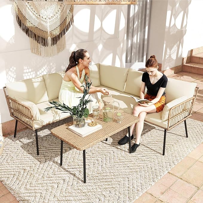 DWVO Patio Furniture Set, 4 Pieces Outdoor Patio Conversation Set, All-Weather PE Rattan Sectional L-Shaped Sofa with Soft Cushion and Side Table for Backyard, Porch, Boho Detachable Lounger (Beige)