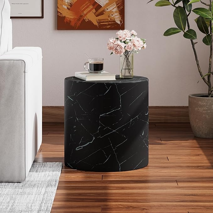 Christopher Knight Home Outdoor Round Side Table,Patio Garden Stool End Coffee Table,Decorative Accent Table for Patio,or Balcony,Lightweight Concrete Material,Black Marble